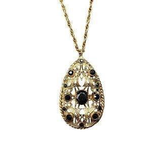 Black Rhinestone Crystal Floral Filigree Teardrop Pendant Chain Long Necklace